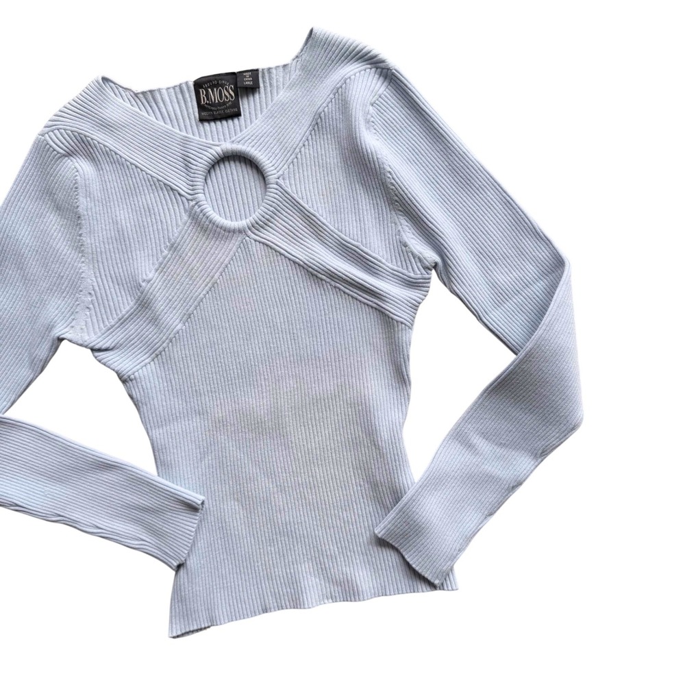 Womens Light Blue Ribbed Long sleeve top O-Ring Y2K snatched aesthetic Going out